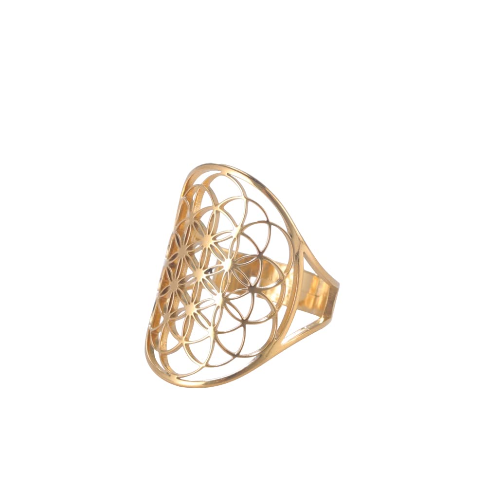Flower of Life Ring Adjustable Filigree Flower Ring Band For Women Large Hollow Finger Rings Cosplay Party Jewelry (adjustable, 311, gold tone)