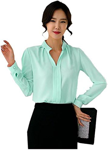MENO Women's Casual Long Sleeves V-neck Shirts Lady Chiffon Tops Blouses
