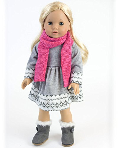 Doll Clothes 4 Pc. Outfit fit for 18 Inch American Girl Dolls & More! Grey Fair Isle Style Doll Sweater Dress, Leggings, Scarf & Doll Pink Hat