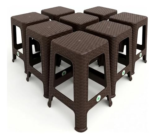 Kit de 8 Bancos de Plástico Estilo Ratán 49cm de Alto, Material Reforzado de Uso Rudo, Textura Ratán, para Jardín, Negocio, Terraza, Interiores y Exteriores, Duraderos, 8 Unidades (Chocolate)