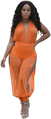 Star Han Women Deep V-neck Backless Sexy Mesh See Through Bandage Side Slit Jumpsuit (X-Large, Orange)
