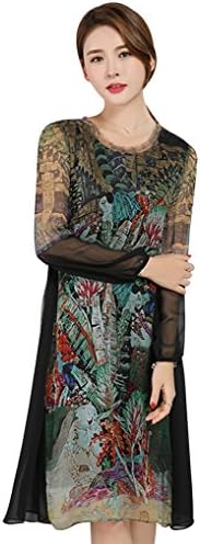 Maycabin Women's Loose Round Collar Long Sleeve Splicing Emulation Silk Printed Long Dress Size XXL As Picture Color