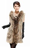 Queenshiny Long Women's Knitted Rex Rabbit Fur Vest With Raccoon Trim With Hood-Natural-M(8-10)