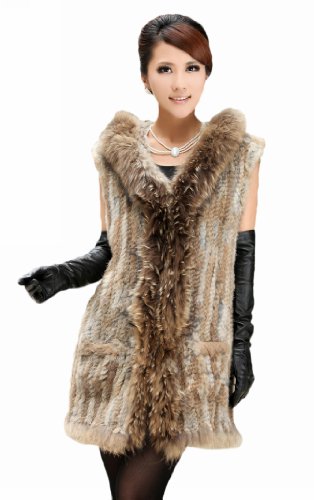 Queenshiny Long Women's Knitted Rex Rabbit Fur Vest With Raccoon Trim With Hood-Natural-M(8-10)