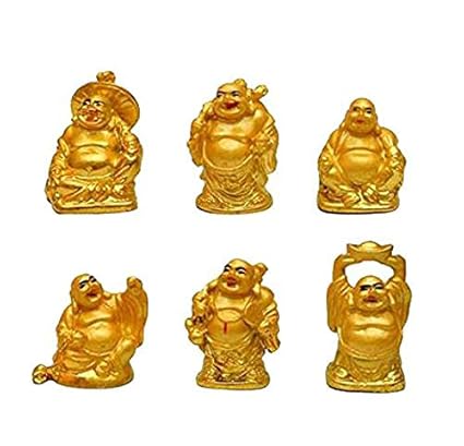 Ankita Gemstones Set of 6 pcs Golden Resin Laughing Buddha - Feng Shui Vastu for Office