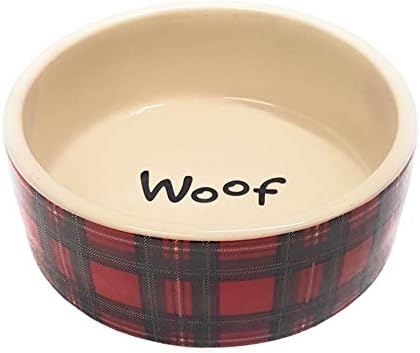 MEDIUM RED CREAM TARTAN CHECK PORCELAIN CERAMIC DOG WATER FOOD BOWL