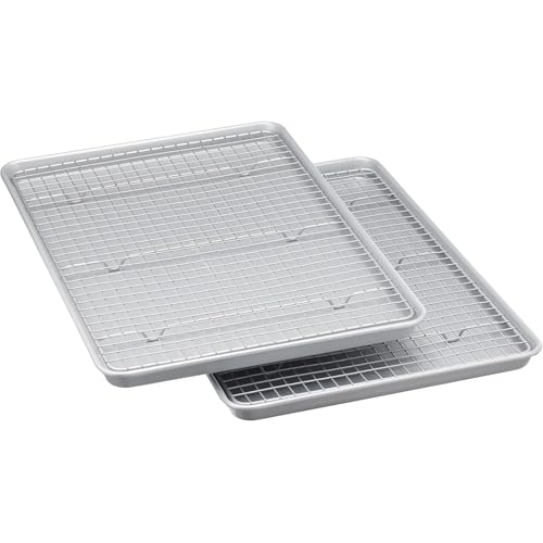 Baking sheet and wire rack set for baking, roasting, grilling, cooking, cooling, and more