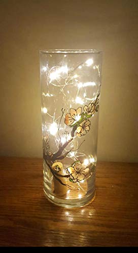Cherry Tree Flower Blossom Hand Painted Stained Glass Cylinder Vase, Candle Holder, Floral Decor - Thumbnail 2