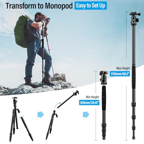 SIRUI Traveler 7C Carbon Fibre Tripod for Camera, 65" Portable Travel Tripod and Monopod with 360° Panoramic Ball Head, Compact Tripod with Extendable Centre Column for DSLR, Camcorder, Max Load 8kg