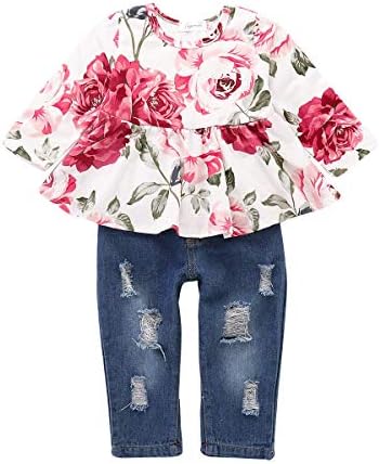 Toddler Baby Girls Clothes 2Pcs Flower Ruffle T-Shirt+ Ripped Jeans Denim Pants Outfits Sets