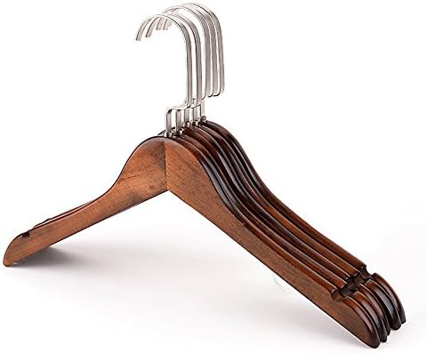 Tiggo High-Grade Solid Gugertree Wooden Wide Shoulder Coat Hanger, Retro Wood Clothes Hangers, Natural Finish & Pearl Nickel Polished Hook, 5-Pack (44.5 x 1.2cm)