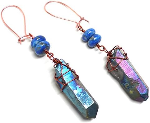 Titanium-Coated Quartz Point Earrings Lapis Lazuli Copper Wires