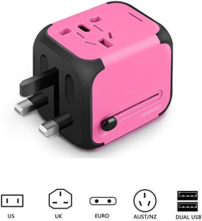 Snodic Dual USB Travel Adapter 2.4A Power Charger &amp; Universal All-in-one AC Wall Outlet Plugs Sockets for UK US AU Europe Asia (Pink)