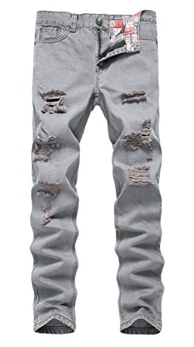 NITAGUT Men's Ripped Slim Fit Tapered Leg Jeans Light Grey-US 28