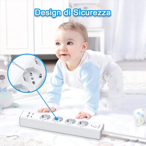 TOPREK Electrical Power Strip with 4 Universal Sockets ITA 10/16A and Schuko and 2 USB C and 2 USB A, 2 Metres 90° Elbow Plug, 4000W/16A, Multi Socket with Switch (Equipped with 2 Plastic Ties)