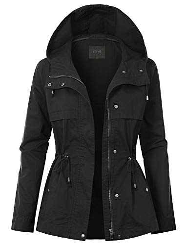 LE3NO Womens Lightweight Solid Anorak Hoodie Jacket with Drawstring Waist, Black, Small