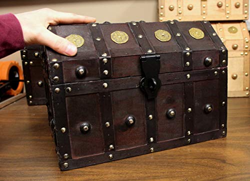 Well Pack Box Treasure Chest Pirate 13"x 9"x 9" Lock Skeleton Keys Doubloon Accents in Antique Cherry Stain (Large)