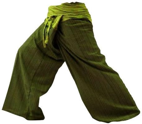 SUWARENE Zenza FashionFREE SIZE 2 COLOR IN ONE COTTON STRIPE Thai Fisherman Pants Yoga Trousers FREE SIZE Plus Size Cotton Drill Olive Green Stripe