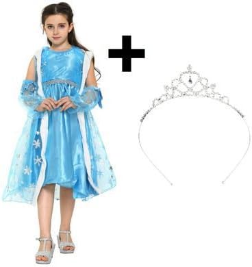 Katara 1842-048 Disney Princess Fancy Dress Frozen Snow Queen Costume with Elegant Tulle Coat/Removable Sleeves, Elsa Ball Gown with Hoodie + Tiara, 7-8 Years