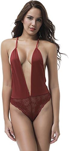 UYIKO Sexy Lingerie Women Red Babydoll Teddy Lace Bodysuit Deep-V Teddy Ladies Nightwear for Sexy Women Cotton(M, Red)