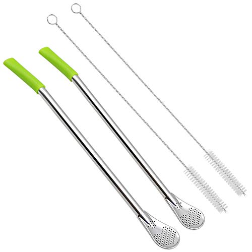 GFDesign 8.3 Inches Long Yerba Mate Bombilla Gourd Drinking Filter Straws Soft Heatproof Silicone Tips Cover Food-Grade 18/8 Stainless Steel & Silicone - Set of 2 with Silicone Tips & Cleaning Brushes - Thumbnail 7