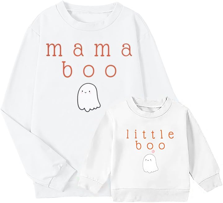 Photo 1 of JINTING Mommy and Me Matching Outfits Halloween Mama Boo Sweatshirt Cute Ghost Graphic Sweater Spooky Mama Long Sleeve Shirt Tops White