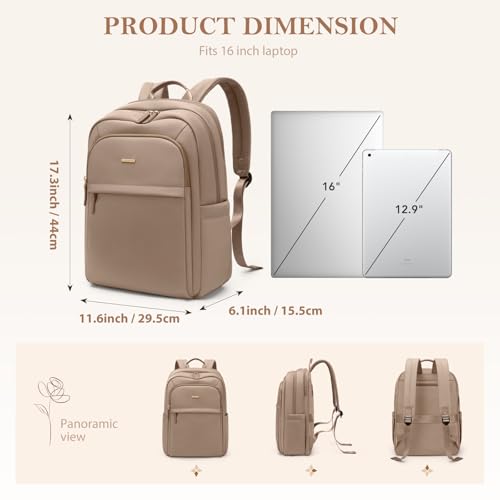 GOLF QUALITY Laptop Backpack Women, Large Man Travel Bag, Laptop Backpack for Work, Multilayer Backpack for Personal Items, 16 Inches, Champagne Brown