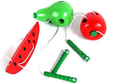 Worm Eat Fruit Toys Apple Pear Watermelon Creative String Bead Baby Learning Thread to Start Work Children Kids Wooden Educational Toy 3 pcs/Set