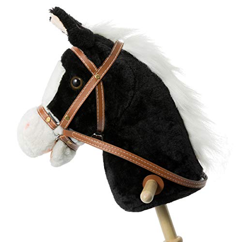 HollyHOME Outdoor Stick Horse with Wood Wheels Real Pony Neighing and Galloping Sounds Plush Toy Black 36 Inches(AA Batteries Required)