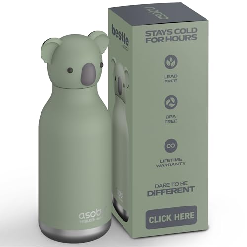 ASOBU Bestie Kindertrinkflasche mit Strohhalm – Isolierte Edelstahlflasche 420ml mit Koalakopf – Auslaufsicher & BPA-frei