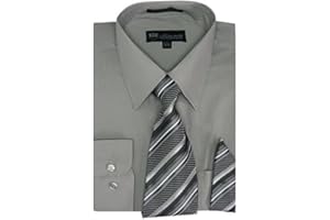 Milano Moda Men's Long Sleeve Dress Shirt with Matching Tie and Handkerchief SG21A, Ash Gray, 17"-17.5" Neck 34"-35" Sleeve