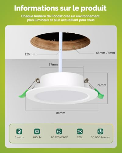 Fondiiz Pack of 12 Recessed LED Spotlights 68 mm, 5 W 220 V Recessed Ceiling Spotlights, Warm White 2700 K, Neutral White, 4000 K, Cool White, 6000 K, Adjustable, IP44 Bathroom LED Spotlight for Living Room, Kitchen, Round