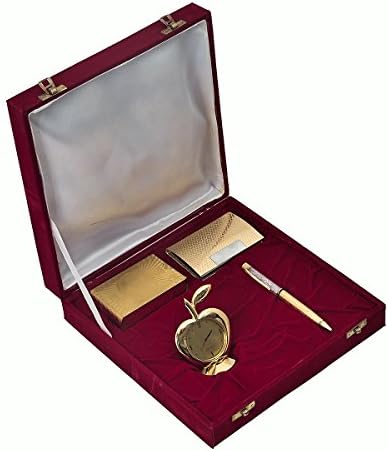 JEWEL FUEL 24K Gold Playing Card, Gold Plated Pen, Gold Plated Visiting Card Holder and Apple Table Clock Gift Set