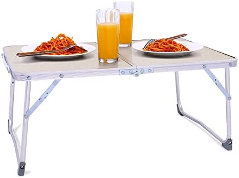 Small Folding Laptop Table, Breakfast Serving Bed Tray, Book Reading desk with U-leg, Portable Outdoor Camping Mini Picnic Stand, Folds in Half w' Inner Storage Space (White)