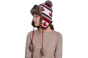GREUS Winter Knit Pom Pom Beanie Hat with Ear Flaps Warm Fleece Lined Trapper Hat Jacquard Earflap Peruvian Hat for Women