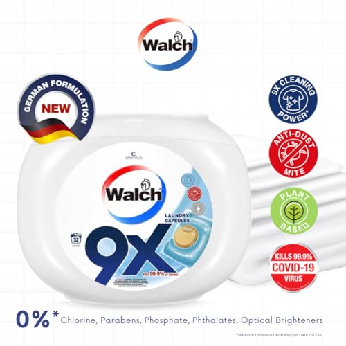 Centralin Walch 9X Antibacterial Laundry Detergent Capsules, German Formulated Plant-Based Ingredients with 9X Cleaning Power, Kill 99.9% Germs and Anti Dust Mites, 32 Pods