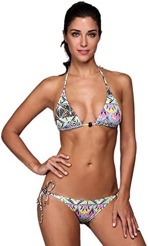 AiSiC Women Geometric Print Triangle Lace Up Split Bikini Set Swimwear