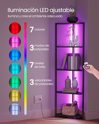 VASAGLE LBC590B02V1 Corner Shelving Unit with 5 Levels Adjustable LED Lighting with Steel Frame, 25 x 48 x 146.7 cm, for Living Room, Bedroom, Study, Ebony Black