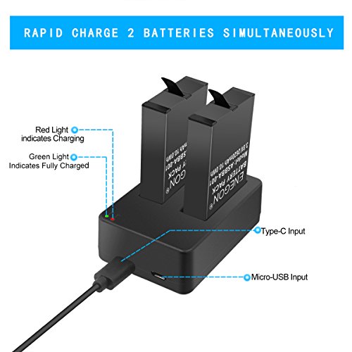 ENEGON Batteries (2 Pack) for Gopro Fusion & Dual Charger with Micro USB & Type-C Inputs for Gopro Fusion 360 Degree Sport Camera ASBBA-001 Battery (100% Compatible with Original)