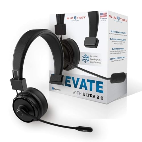 Blue Tiger Elite Ultra 2.0 Wireless Bluetooth Headset – One-Ear Piece Trucker Professional Headset - Bluetooth 5.2 with Microphone – 60 Hours Talk Time, 1200 Hours Standby