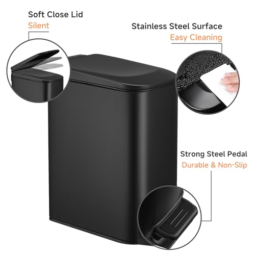 TIPGO Slim Bathroom Trash Can with Lid Soft Close, Step Pedal, 6 Liter / 1.6 Gallon Stainless Steel Garbage Can with Removable Inner Bucket, Anti-Fingerprint Finish (Matte Black)
