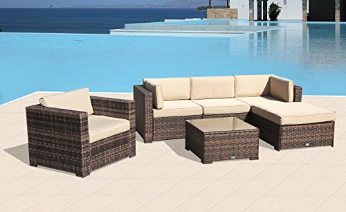 PATIOROMA Outdoor Furniture Sectional Sofa Set (6-Piece Set) All-Weather Brown Wicker with Beige ...