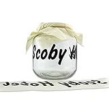 SCOBY Hotel: ½ Gallon Glass Jar for SCOBY Storage or Kombucha Tea Brewing Half Batches; Includes Plastic Lid & Cloth Cover (65 oz Glass Jar + Plastic Lid + Cloth Cover + “Scoby Hotel” Sticker)