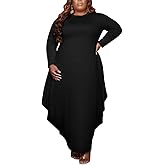 BFFBABY Casual Plus Size Maxi Dresses for Women Round Neck Long Sleeves Loose Sundress with Pockets XL-5XL