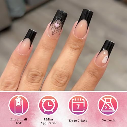 AddFavor French Press-On Nails, 120pcs Black French Tips Long Glossy Nude Gel Press-On Artificial Medium Length False Nails with Adhesive Tab for Women Girls - Image 4