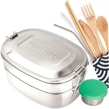 Green Estate Stainless Steel Bento Lunch Box, Bamboo Cutlery Set, Stainless Steel Straw, and Leakproof Sauce Container
