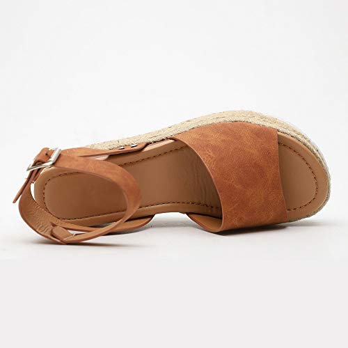 HIFUAR Women's Espadrille Sandal Platform Wedge Halter Ankle Strap Open Toe Faux Leather Studded Wedge Summer Sandals Brown US 5