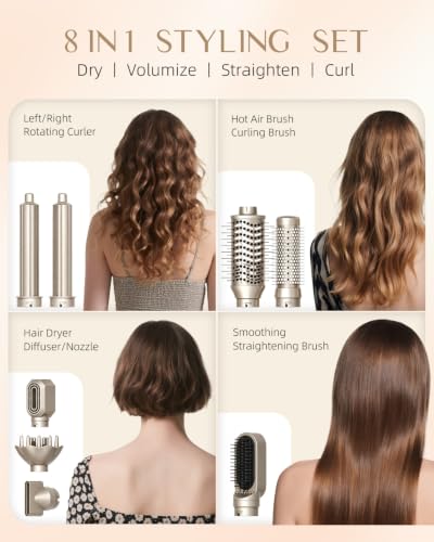 RUCHA Foldable 8 in 1 Hair Styler & Hot Air Styler, 110,000 RPM High Speed Hair Dryer Brush, Air Curler for Hair, Negative Ion Hot Air Bursh for Frizz-Free Styling Curling Fast Drying Straightening Volumizing