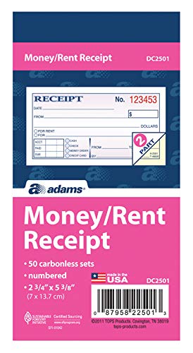 Adams Money and Rent Receipt, 2-3/4 x 5-3/8 Inches, 2-Parts, Carbonless, White/Canary, 50 Sets per Book (DC2501)