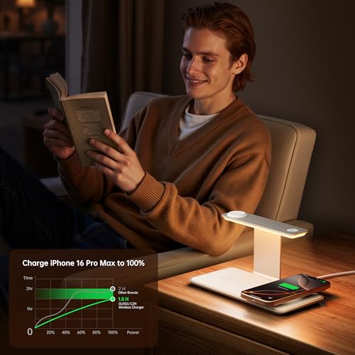 3 in 1 Wireless Charging Station for iPhone 17/16/15/14/13/12, Apple Watch and AirPods, Premium Leather-Look Charging Base with 3-Level Night Light, White